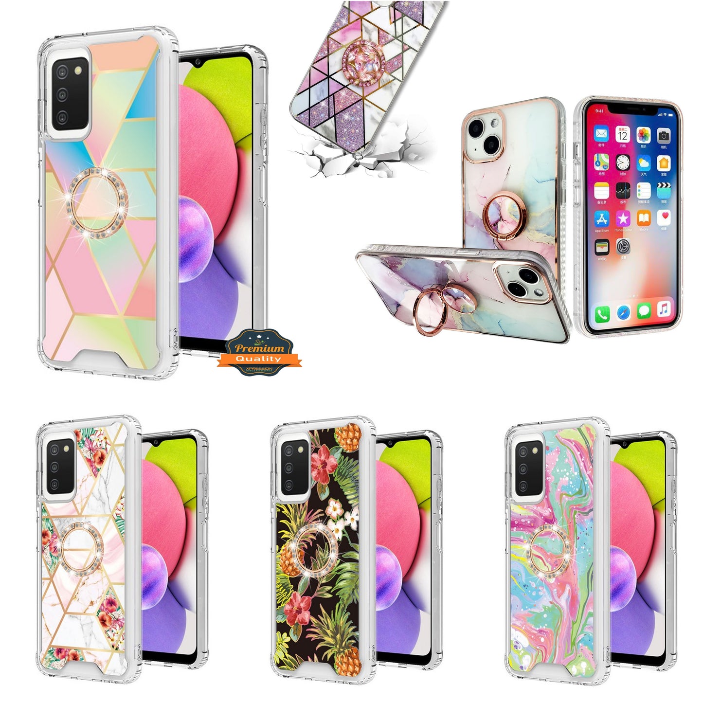 For Apple iPhone 16 Plus (6.7") Fashion Design Pattern Hybrid Ring Kickstand Bling Diamond Hard PC TPU Protective Case Cover