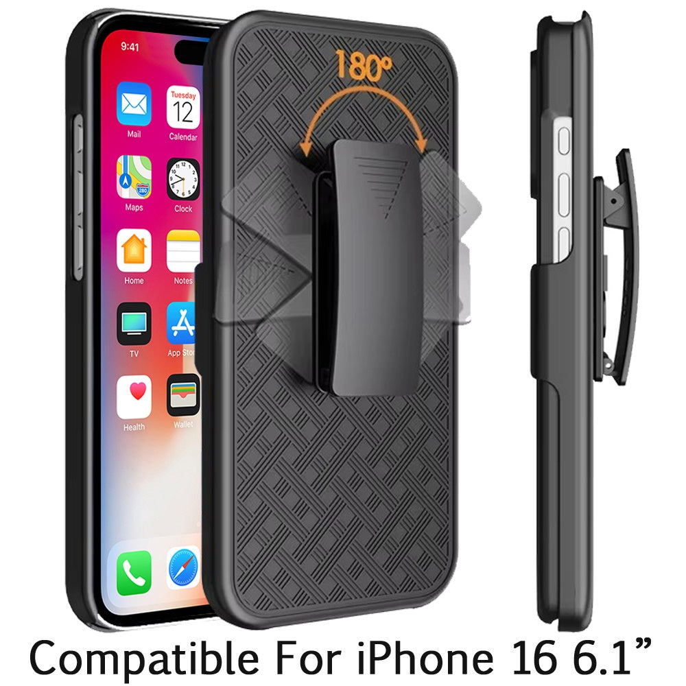 For Apple iPhone 16 (6.1") Premium Hybrid Texture Built-in Kickstand Holster Combo 3in1 Swivel Belt Clip Slim Shockproof Case Cover Black