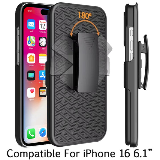 For Apple iPhone 16 (6.1") Premium Hybrid Texture Built-in Kickstand Holster Combo 3in1 Swivel Belt Clip Slim Shockproof Case Cover Black