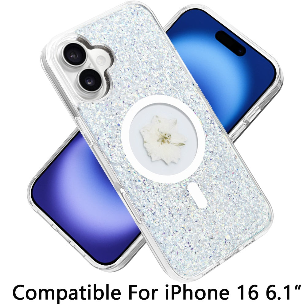 For Apple iPhone 16 (6.1") Magnetic Circle MagSafe Wireless Compatible Epoxy Glitter Flower Shiny Sparkle Bling Hybrid Slim TPU Case Cover