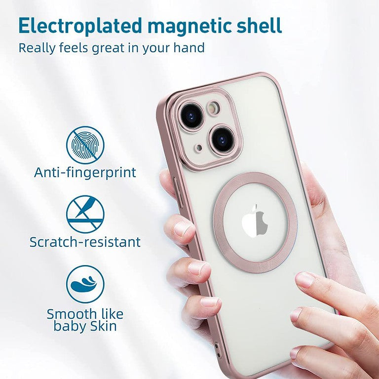 For Apple iPhone 15 (6.1") Magnetic Hybrid Clear with Plating Chrome Frame & Camera Protection Compatible with Magsafe  Phone Case Cover