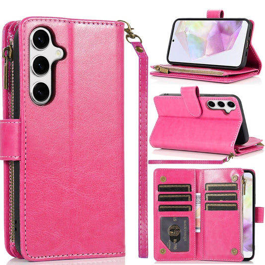 For Samsung Galaxy A36 Leather Zipper Wallet Case 9 Credit Card Slots Cash Money Pocket Clutch Pouch with Stand & Strap Case Cover Hot Pink