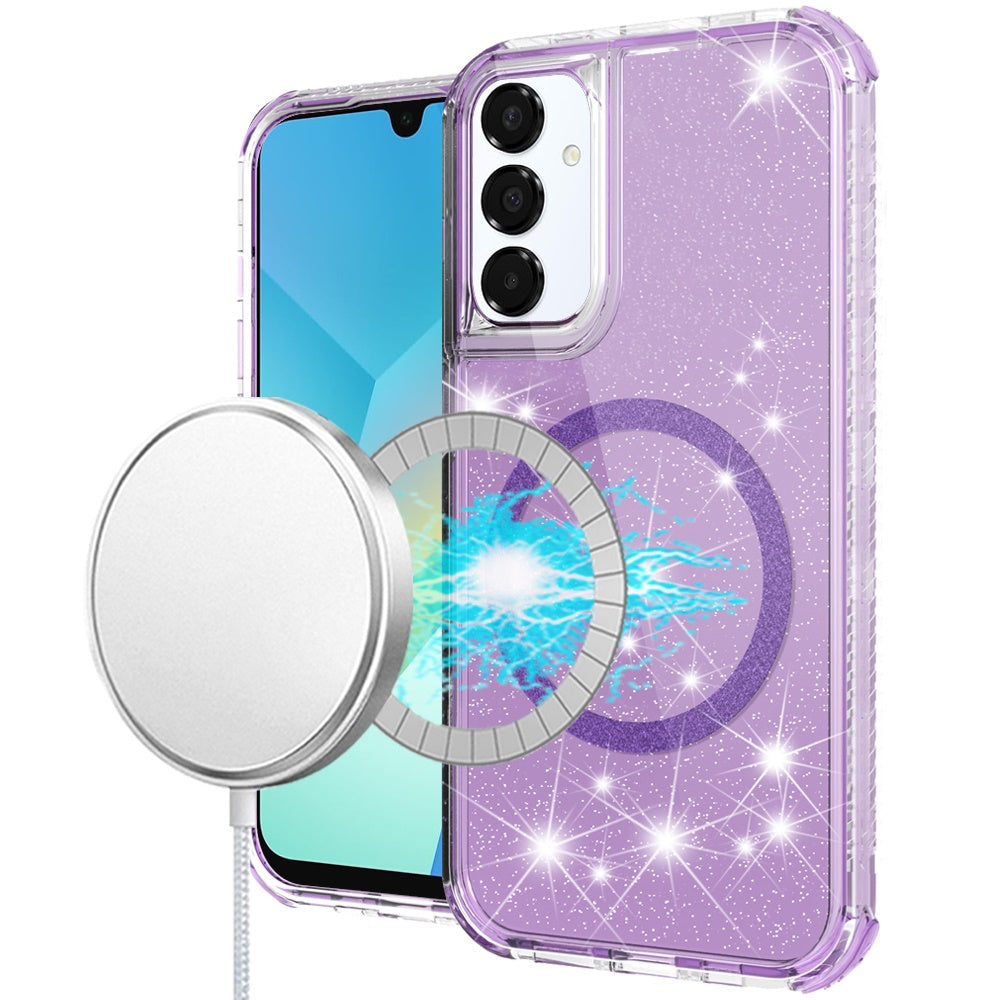 For Samsung Galaxy A16 5G Magnetic Ring Circle Glitter Bling Sparkle 3in1 Hybrid [Compatible with Magsafe] Clear Shockproof Case Cover