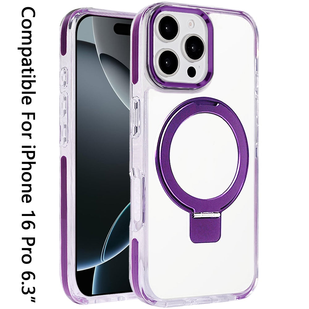 For Apple iPhone 16 (6.1") Hybrid Transparent Circle Back Ring Kickstand [Compatible with MagSafe] Shockproof Color Frame Bumper Case Cover