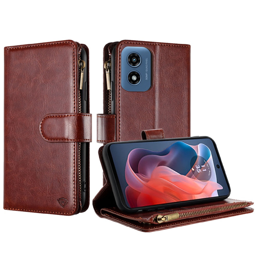 For Apple iPhone 16 Pro Max (6.9") Premium Leather Zipper Wallet with Credit Card Slots Money Pocket Luxury Clutch Pouch Stand & Strap Case Cover Brown