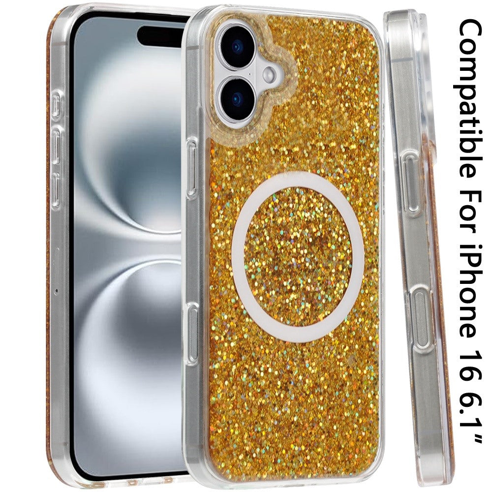 For Apple iPhone 16 (6.1") Transparent Epoxy Glitter Magnetic Circle Compatible with MagSafe Hybrid Bling Sparkle Hard PC Slim TPU Case Cover