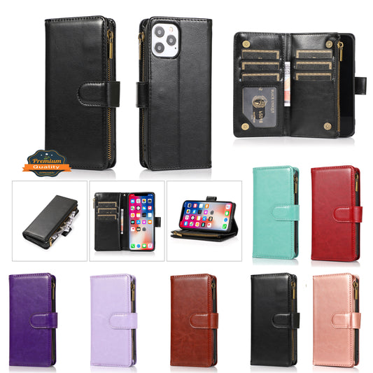 For Apple iPhone 12 / 12 Pro Leather Zipper Wallet Case 9 Credit Card Slots Cash Money Pocket Clutch Pouch with Stand & Strap Case Cover