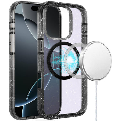 For Apple iPhone 16 Pro Max (6.9") Transparent Glitter Bling Sparkly Shiny Case Hybrid Magnetic Circle Compatible with MagSafe Shockproof Case Cover