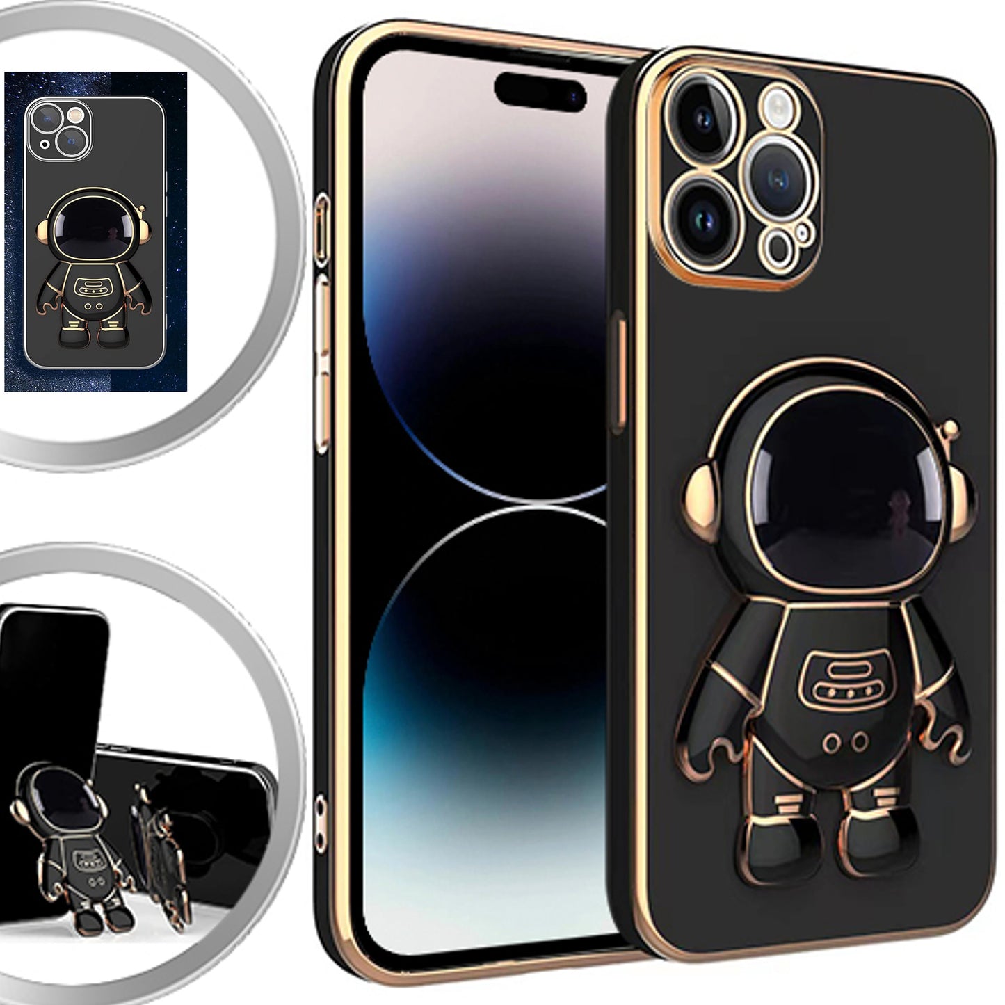 For Apple iPhone 15 (6.1") Astronaut Hidden Stand Holder Plating Hybrid Electroplated Bumper Shockproof Armor Cute  Phone Case Cover