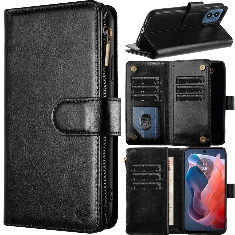 For Apple iPhone 16 (6.1") Premium Leather Zipper Wallet with Credit Card Slots Money Pocket Luxury Clutch Pouch Stand & Strap Case Cover Black