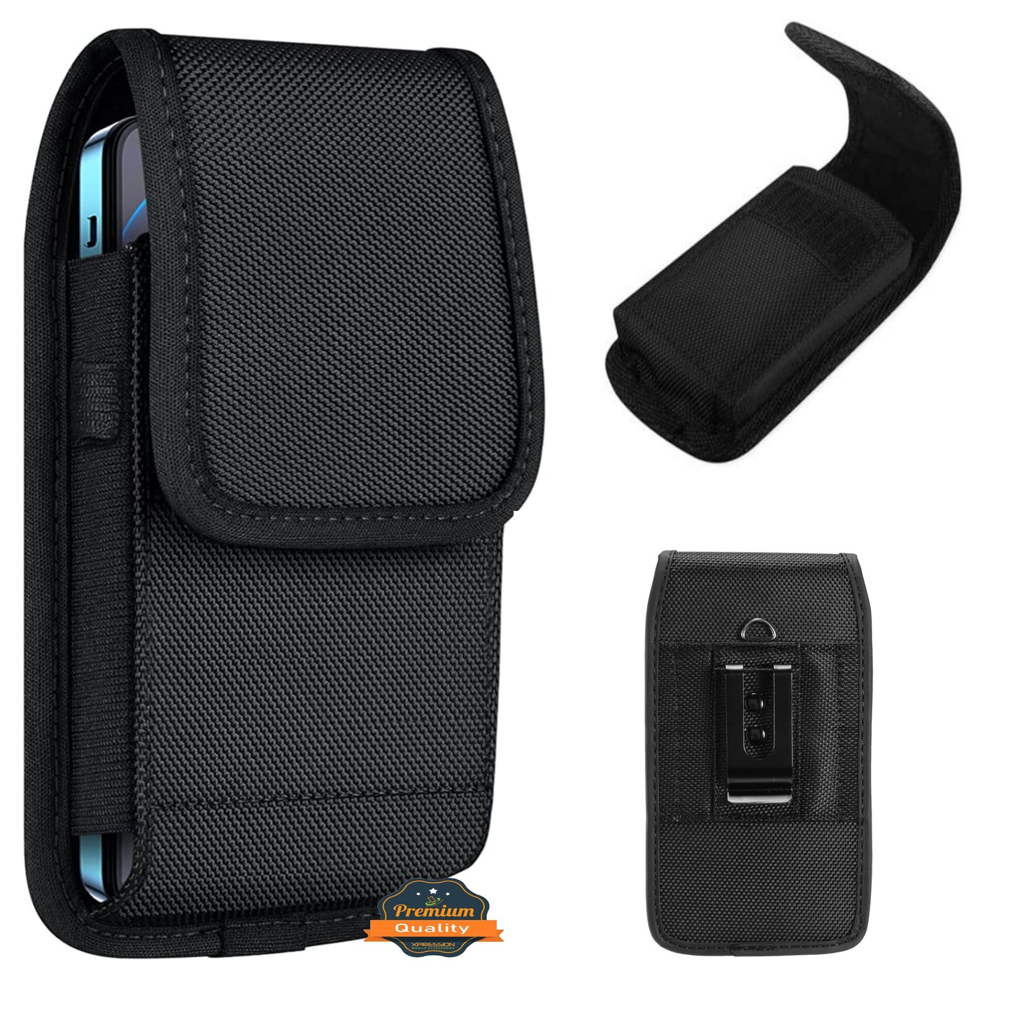 For Apple iPhone 16 Pro Max (6.9") Pouch Holster Cell Phone Case Universal Vertical Nylon with Clip /Loops Belt Holder Rugged Waist Carrying Cover [Black]