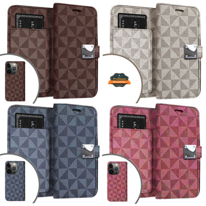 For Apple iPhone 15 Pro Max (6.7") Fabric Wallet Case 6 Credit Card Slots ID Cash Storage Carrying Pouch Folio Flip Stand  Phone Case Cover