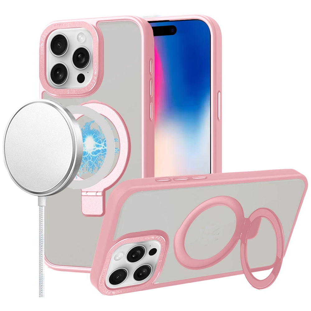 For Apple iPhone 16 Pro Max (6.9") Magnetic Metal Matte Built-in Compatible with MagSafe Stand Hybrid Shock Armor TPU Case Cover Pink