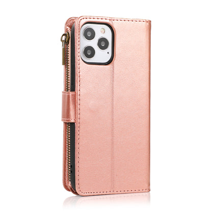 For Apple iPhone SE 4 PU Leather Zipper Wallet Case 9 Credit Card Slots Cash Money Pocket Clutch Pouch with Stand & Strap Case Cover Rose Gold