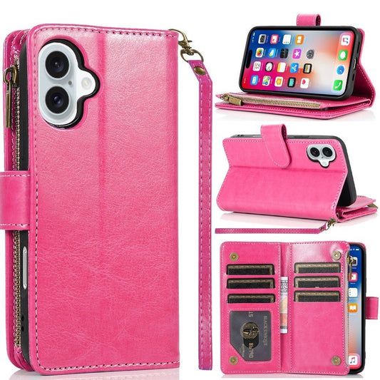 For Apple iPhone 16 (6.1") Leather Zipper Wallet Case 9 Credit Card Slots Cash Money Pocket Clutch Pouch Stand & Strap Case Cover Hot Pink