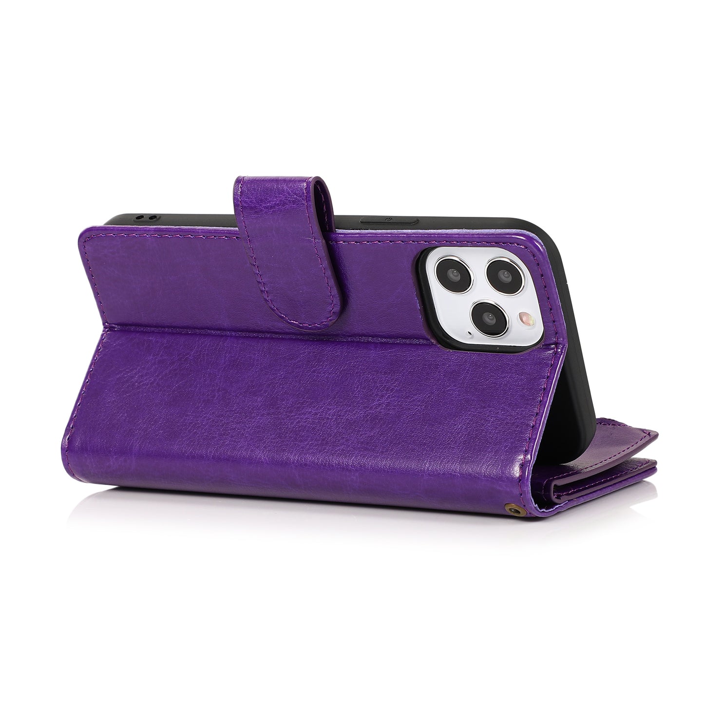 For Apple iPhone 16 (6.1") Leather Zipper Wallet Case 9 Credit Card Slots Cash Money Pocket Clutch Pouch Stand & Strap Case Cover Purple