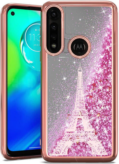 For Apple iPhone 15 Pro (6.1") Quicksand Liquid Glitter Bling Flowing Sparkle Fashion Hybrid TPU Chrome Plating Hard Paris Eiffel Tower Phone Case Cover