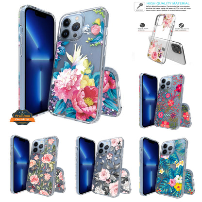 For Apple iPhone 15 (6.1") Floral Patterns Design Clear TPU Silicone Shock Absorption Bumper Slim Hard Back  Phone Case Cover