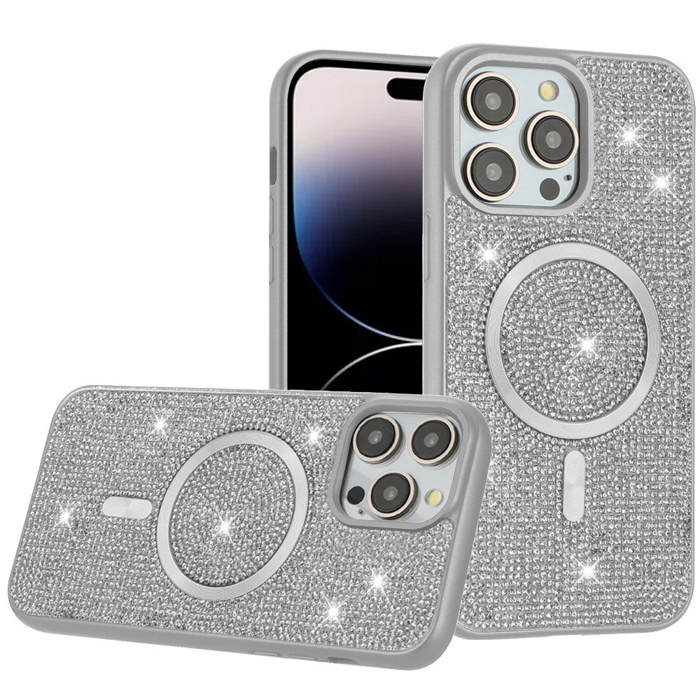 Apple iPhone 16 (6.1") Diamond Sparkly Bling Design Rhinestone Hybrid Skin TPU PC with Magnetic Circle MagSafe Compatible