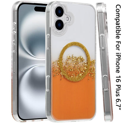 For Apple iPhone 16 Plus (6.7") Transparent Epoxy Glitter Magnetic Circle Compatible with MagSafe Hybrid Bling Sparkle Hard PC Slim TPU Case Cover