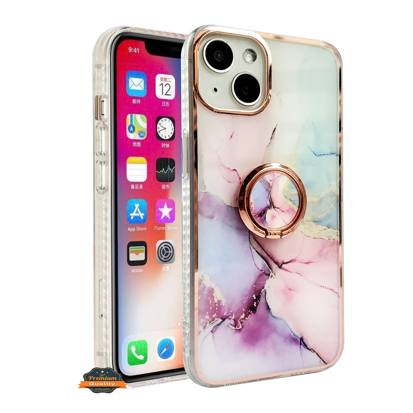 For Apple iPhone 16 (6.1") Fashion Design Pattern Hybrid Ring Kickstand Bling Diamond Hard PC TPU Protective Case Cover