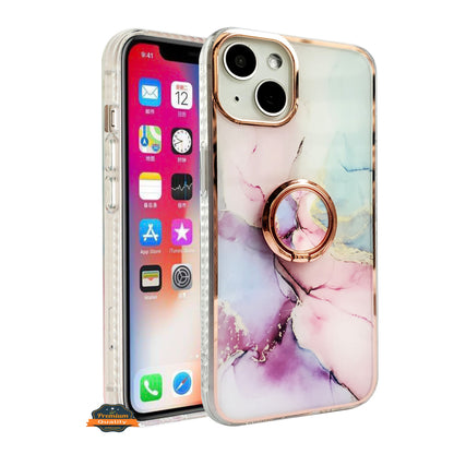 For Apple iPhone 15 Pro Max (6.7") Fashion Design Pattern Hybrid Ring Kickstand Bling Diamond Hard Protective  Phone Case Cover