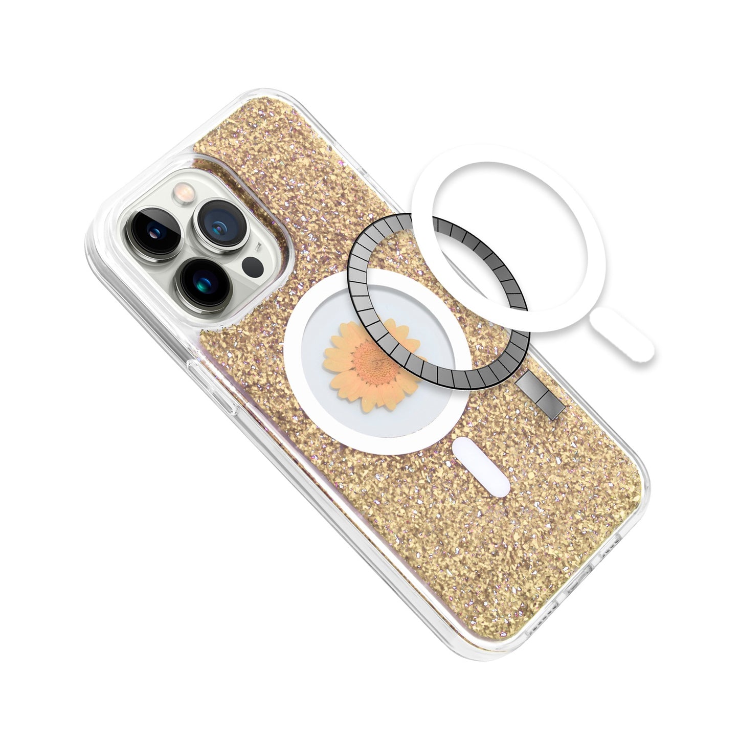 For Apple iPhone 16 Pro Max (6.9") Magnetic Circle MagSafe Wireless Compatible Epoxy Glitter Flower Shiny Sparkle Bling Hybrid Slim TPU Case Cover