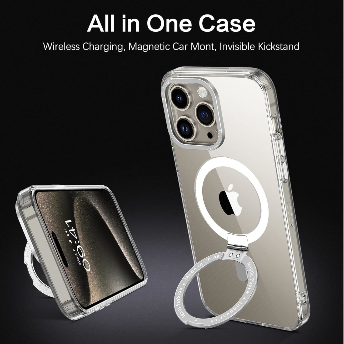 For Apple iPhone 15 (6.1") Magnetic Hybrid Transparent Edge Bumper Invisible Stand [Compatible with Magsafe] Slim PC  Phone Case Cover