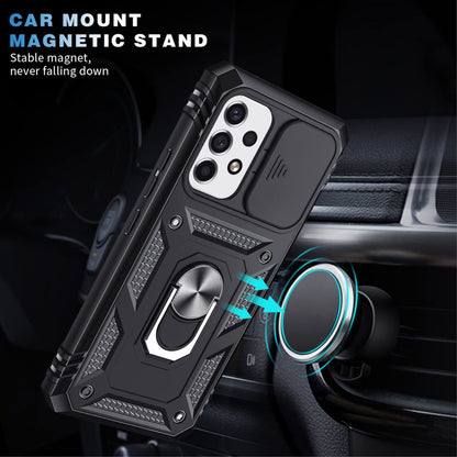 For Apple iPhone 15 (6.1") Built in Sliding Camera Lens Protection & Finger Ring Stand Holder Hybrid PC Shockproof  Phone Case Cover