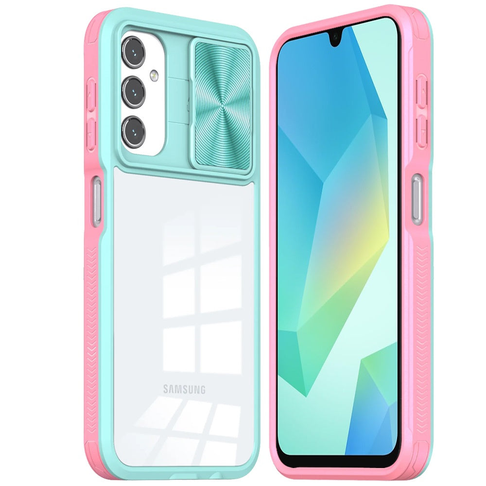 For Samsung Galaxy S24 FE /Fan Edition Hybrid Cases with Sliding Camera Cover Transparent Shockproof Bumper TPU Protective Case Cover Teal / Pink