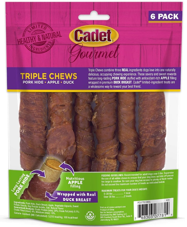 Cadet Gourmet Pork Hide Triple Chews with Duck and Apple [Dog Supplies] 6 count