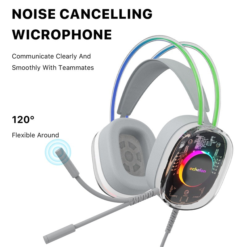 Echelon SoundScape See-Through RGB Gaming Headset w/ USB-C Mic - Grey, Hands-free