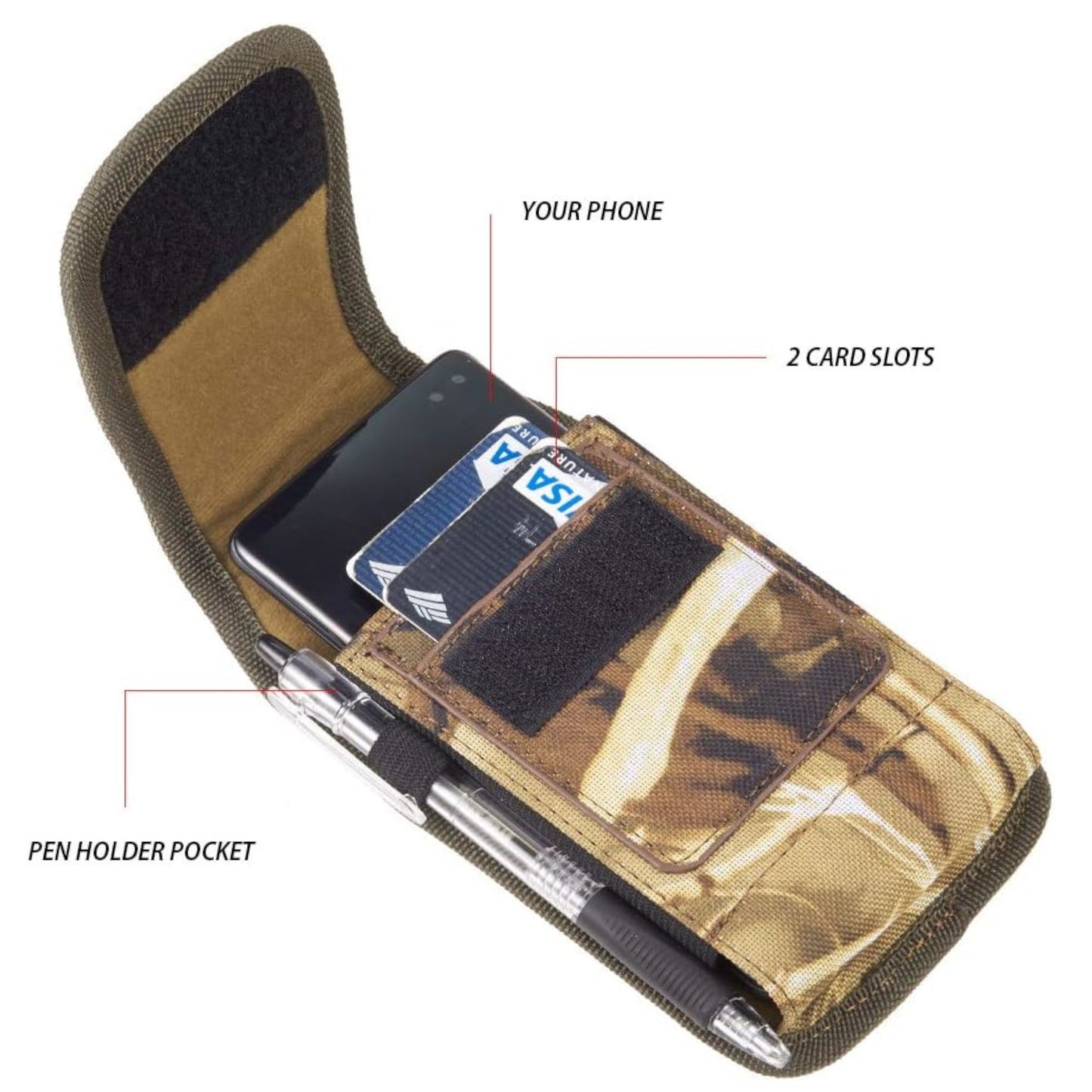 For Apple iPhone 16 Pro Max (6.9") Vertical Camouflage Nylon Canvas Holster Universal Cell Phone Pouch Velcro Closure with Credit Card Slot & Belt Clip Loop Carabiner [Hunting Camo]