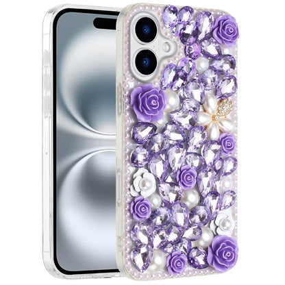 For Apple iPhone 16 Plus (6.7") Fashion Rose Flower Floral Bling Crystal 3D Full Diamonds Pearl Sparkle Rhinestone Glitter Hybrid Case Cover