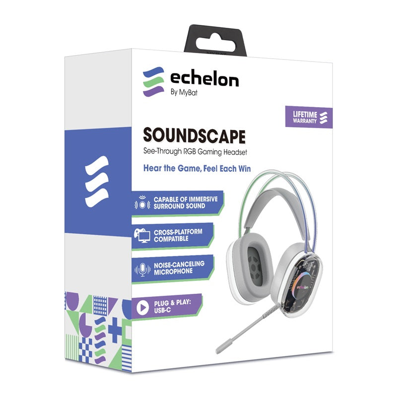 Echelon SoundScape See-Through RGB Gaming Headset w/ USB-C Mic - Grey, Hands-free