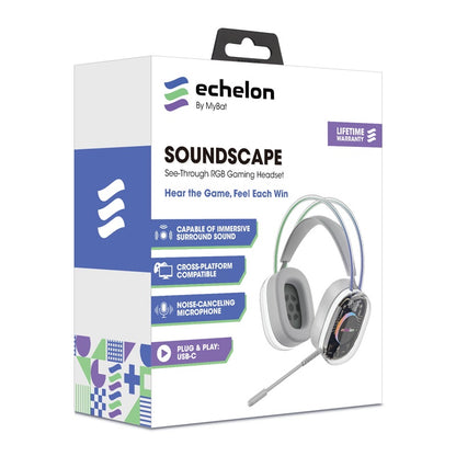 Echelon SoundScape See-Through RGB Gaming Headset w/ USB-C Mic - Grey, Hands-free