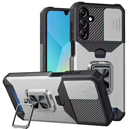 For Samsung Galaxy A16 5G Wallet Case with Ring Stand & Slide Camera Cover Credit Card Holder, Military Grade Hard Shockproof Case Cover Silver