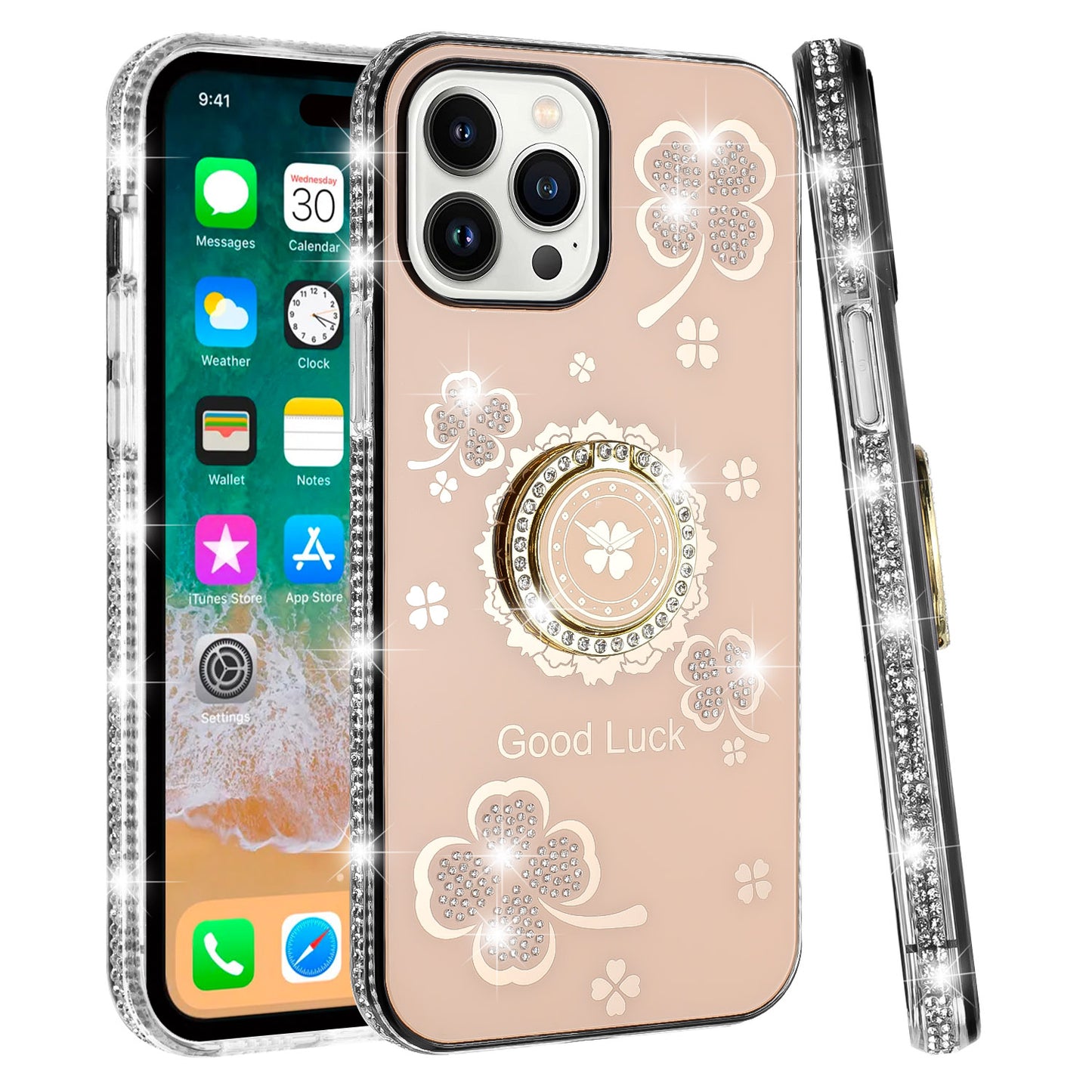 For Apple iPhone 12 Pro Max Diamonds Bling All Around Edges Sparkly Glitter Hybrid with Ring Stand Holder Fashion Good Luck Case Cover