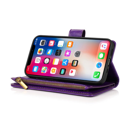 For Apple iPhone 16 (6.1") Leather Zipper Wallet Case 9 Credit Card Slots Cash Money Pocket Clutch Pouch Stand & Strap Case Cover Purple