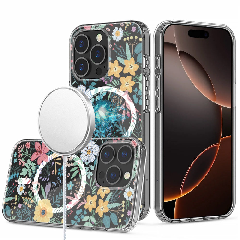 For Apple iPhone 16 Pro Max (6.9") Hybrid Flower Design Stylish Fashion Thick Hard MagSafe Compatible Shockproof Case Cover