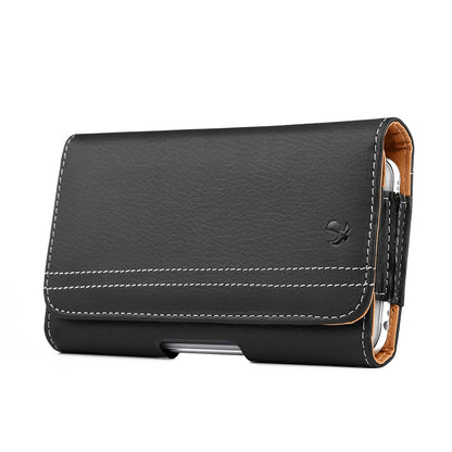 For Apple iPhone 16 Plus (6.7") Horizontal Universal Carrying Pouch Cell Phone Case PU Leather Holster Belt Clip Loop Card Slot & Magnetic Closure [Black]