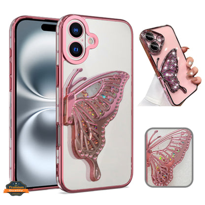 For Apple iPhone 16 Pro (6.3") Glitter 3D Butterfly Bling Luxury Electroplate Chrome Sparkle Liquid Flowing Plating Bumper Case Cover