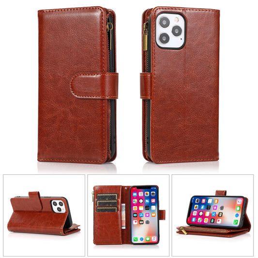 For Apple iPhone 16 Pro Max (6.9") Leather Zipper Wallet Case 9 Credit Card Slots Cash Money Pocket Clutch Pouch Stand & Strap Case Cover Brown