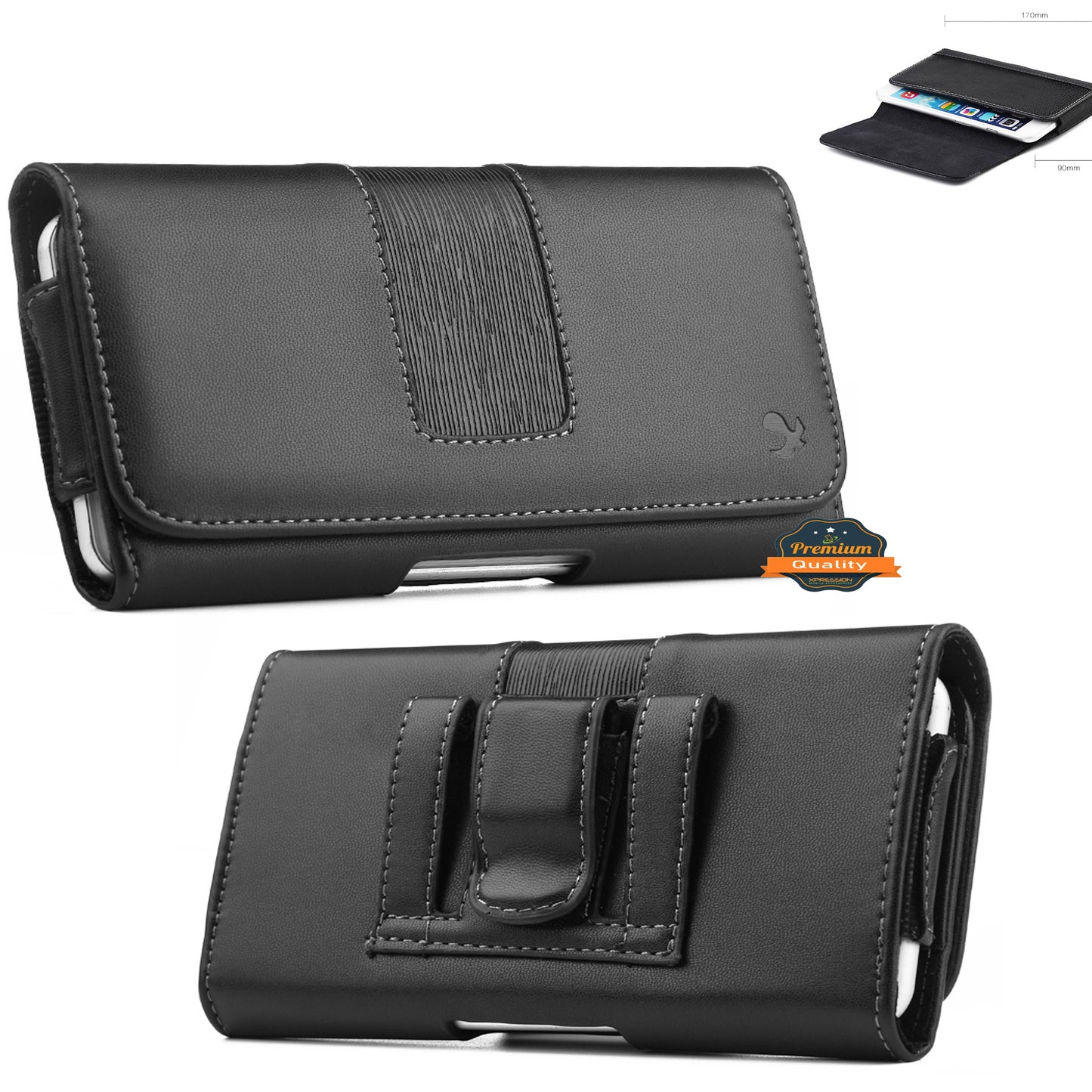 For Apple iPhone 16 Pro (6.3") Universal Premium Horizontal Leather Case Pouch with Magnetic Closure, Belt Clip & Belt Loops Holster Cover [Black]