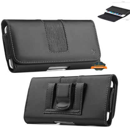 For Apple iPhone 16 Pro (6.3") Universal Premium Horizontal Leather Case Pouch with Magnetic Closure, Belt Clip & Belt Loops Holster Cover [Black]