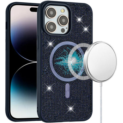 Apple iPhone 16 (6.1") Diamond Sparkly Bling Design Rhinestone Hybrid Skin TPU PC with Magnetic Circle MagSafe Compatible