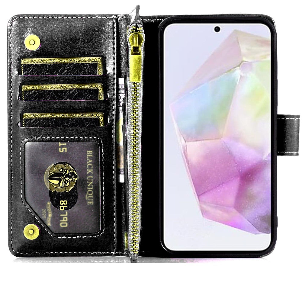 For Samsung Galaxy A36 Leather Zipper Wallet Case 9 Credit Card Slots Cash Money Pocket Clutch Pouch with Stand & Strap Case Cover Black