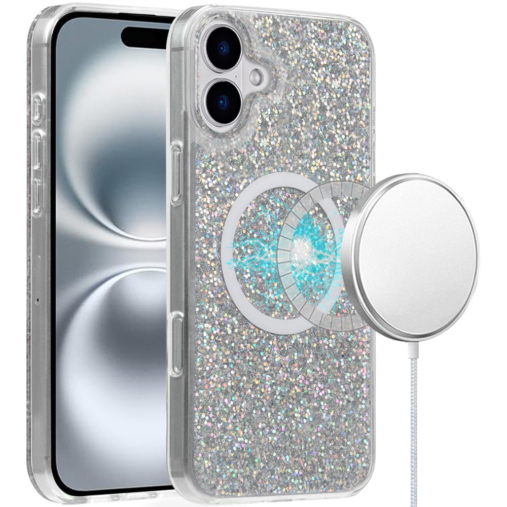 For Apple iPhone 16 (6.1") Transparent Epoxy Glitter Magnetic Circle Compatible with MagSafe Hybrid Bling Sparkle Hard PC Slim TPU Case Cover