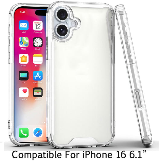 For Apple iPhone 16 (6.1") Clear Colored Shockproof Transparent Hard PC + Rubber TPU Hybrid Bumper Shell Slim Case Cover Clear