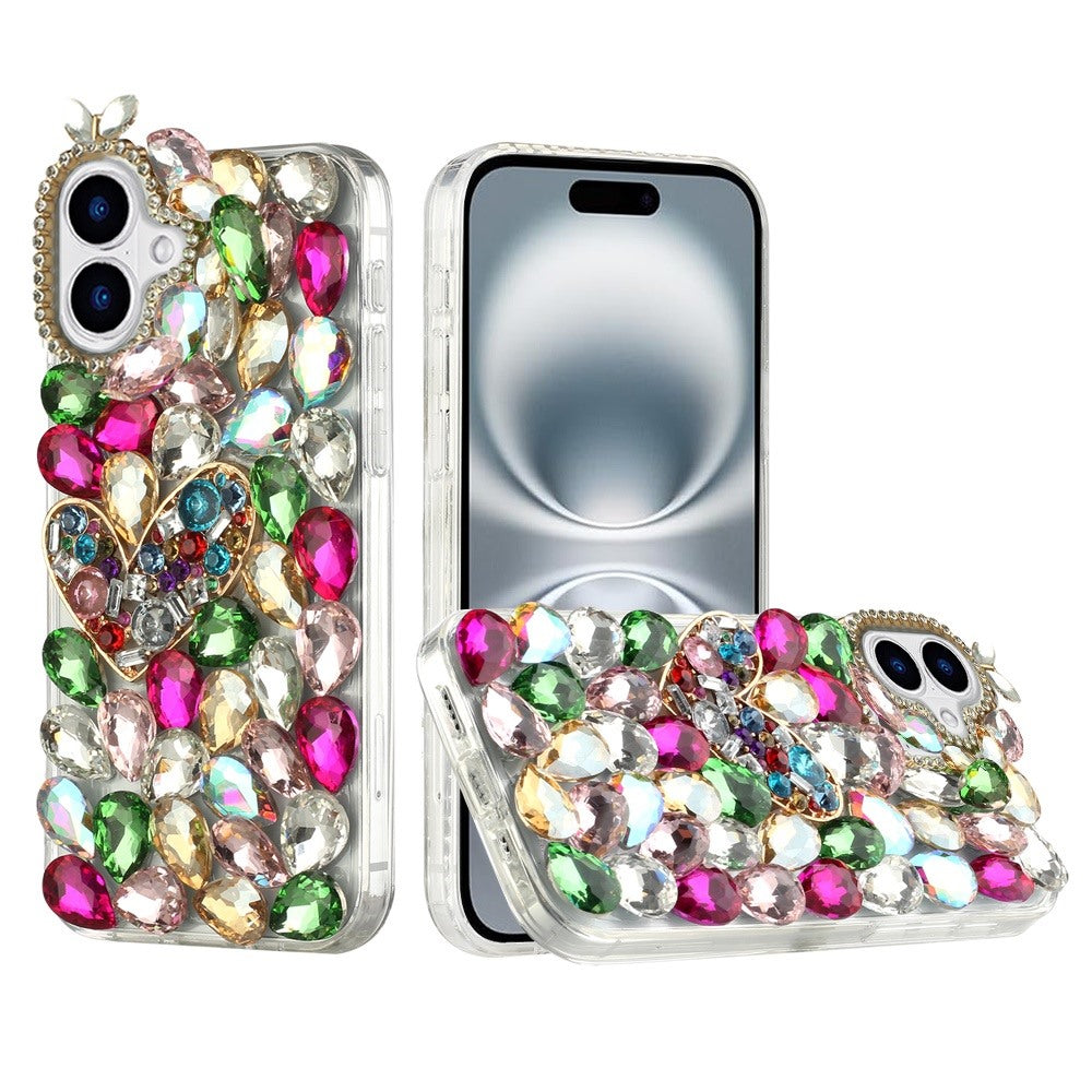 For Apple iPhone 16 (6.1") Bling Crystal 3D Full Diamonds Luxury Sparkle Rhinestone Hybrid Protective Case Cover